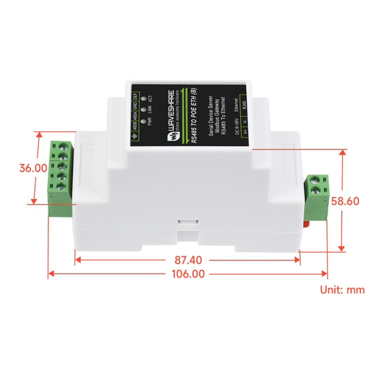 Waveshare Din Rail RS485 to RJ45 Serial Server with POE Function, 23273