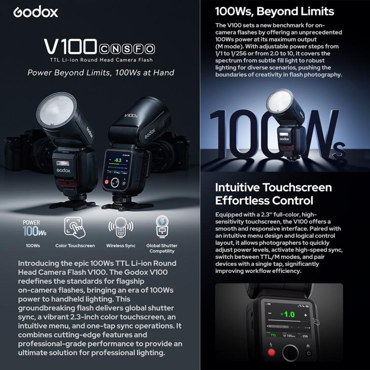 Godox V100 Round Head TTL Flash Speedlite, For Canon, For Nikon, For Sony, For FUJIFILM, For Olympus