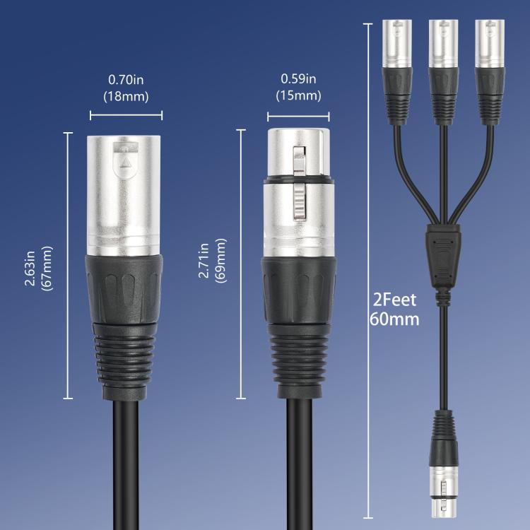 3-Way Splitter Audio Cable, Length: 60cm, XLR Female to 3 XLR Male, XLR Male to 3 XLR Female