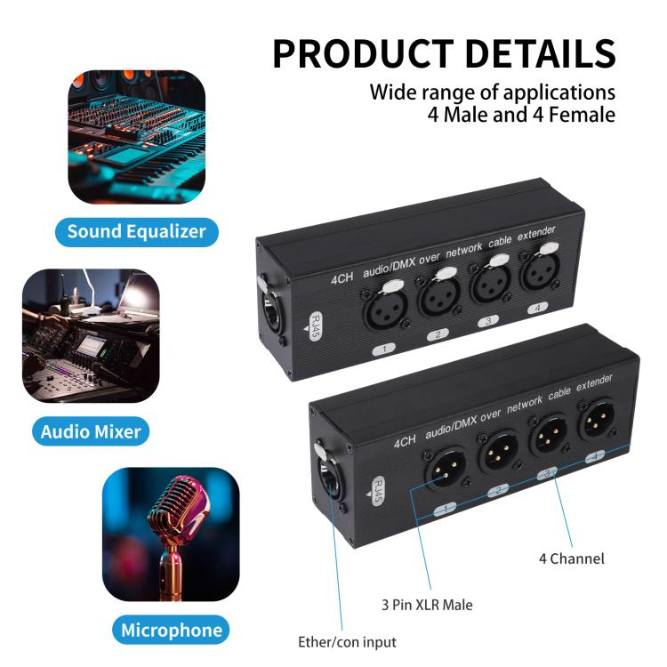 4 Channel XLR Male to Female Expander Splitter Breakout Box RJ45 Ethernet Extension