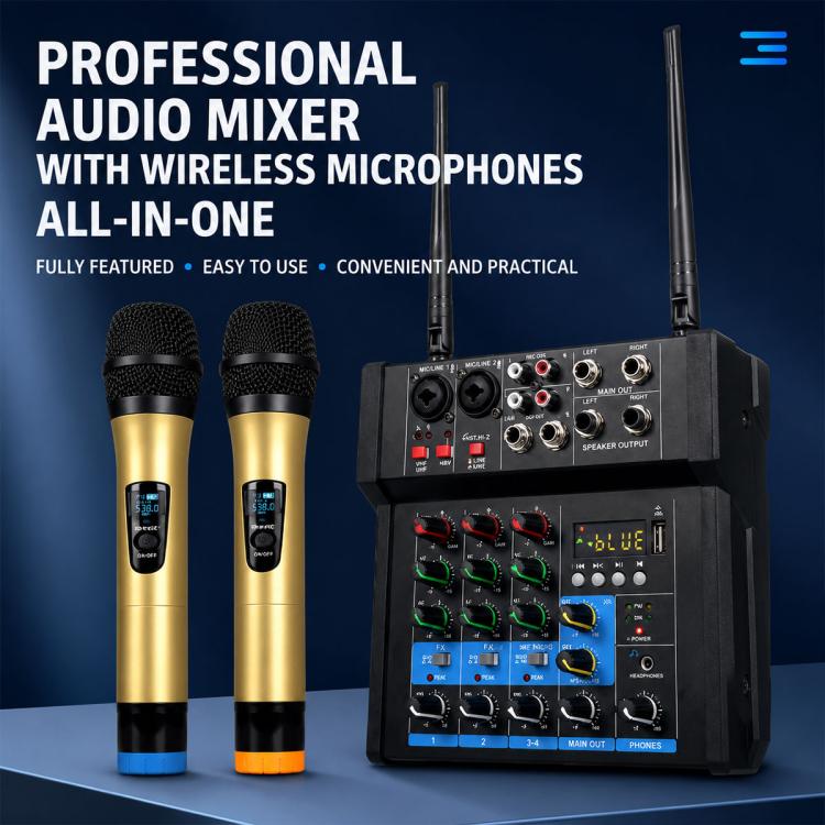 G4D 4-Channel Multi-function Professional Bluetooth Mixer with Amplifier & Microphone, Standard Black Microphone, Standard Gold Microphone, Rechargeable Microphone