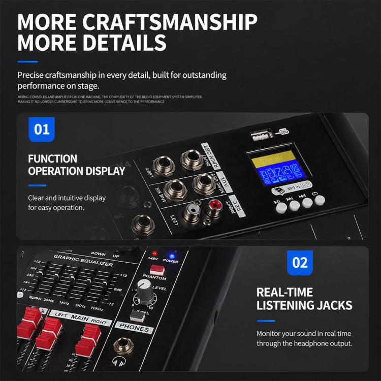 1202D 12-Channel Multi-function Professional Bluetooth Mixer with Amplifier, EU Plug, UK Plug, US Plug