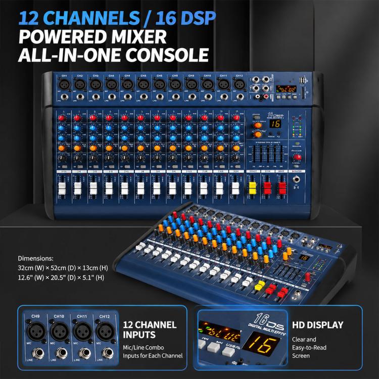 1202D 12-Channel Multi-function Professional Bluetooth Mixer with Amplifier, EU Plug, UK Plug, US Plug