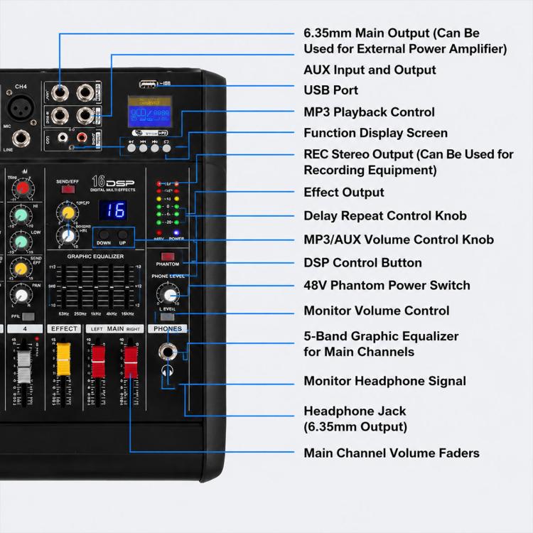 1202D 12-Channel Multi-function Professional Bluetooth Mixer with Amplifier, EU Plug, UK Plug, US Plug