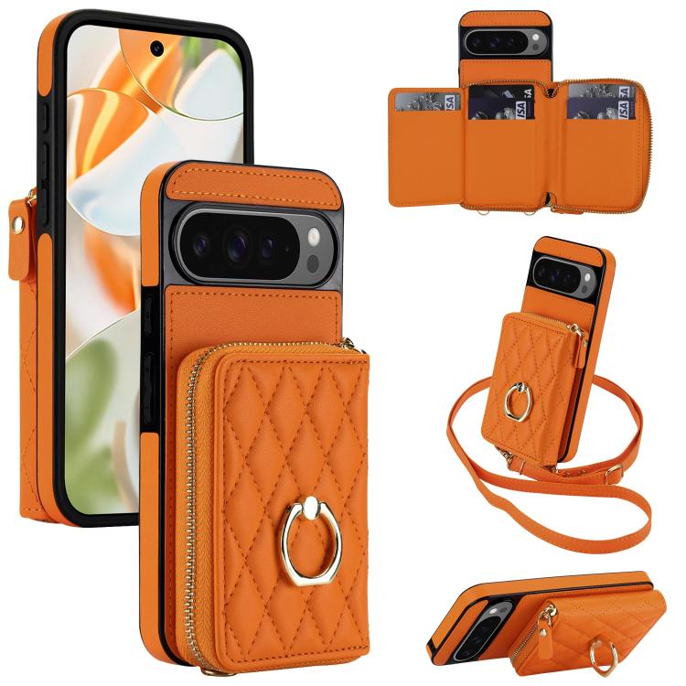 Crossbody Rhombic Ring Holder Zipper Wallet RFID Phone Case, For Google Pixel 10 Pro XL / 9 Pro XL, For Google Pixel 10 / 10 Pro / 9 / 9 Pro