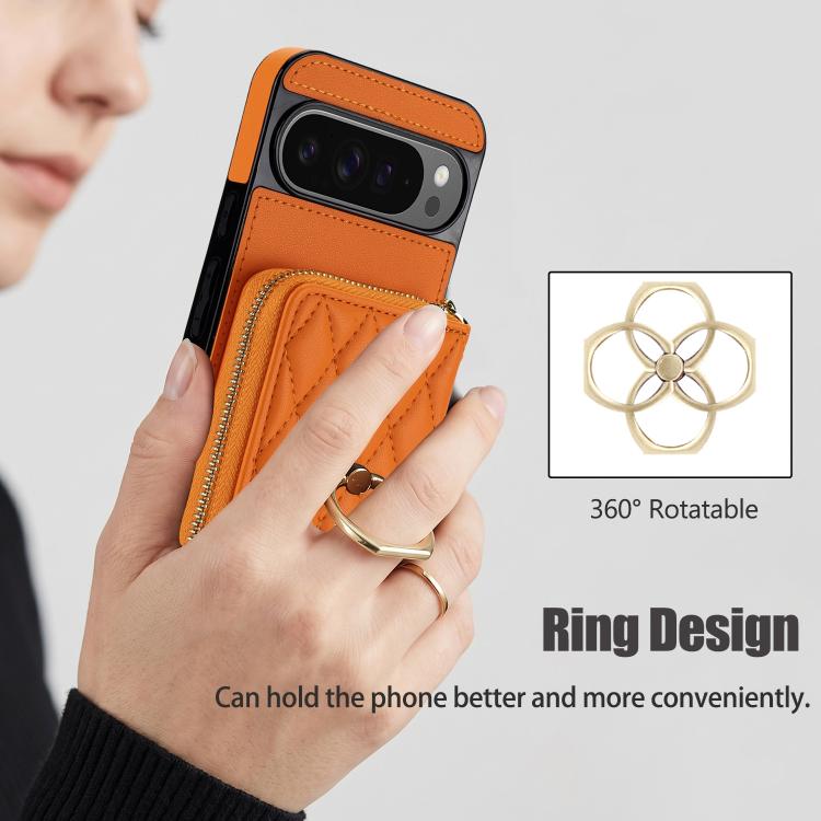 Crossbody Rhombic Ring Holder Zipper Wallet RFID Phone Case, For Google Pixel 10 Pro XL / 9 Pro XL, For Google Pixel 10 / 10 Pro / 9 / 9 Pro