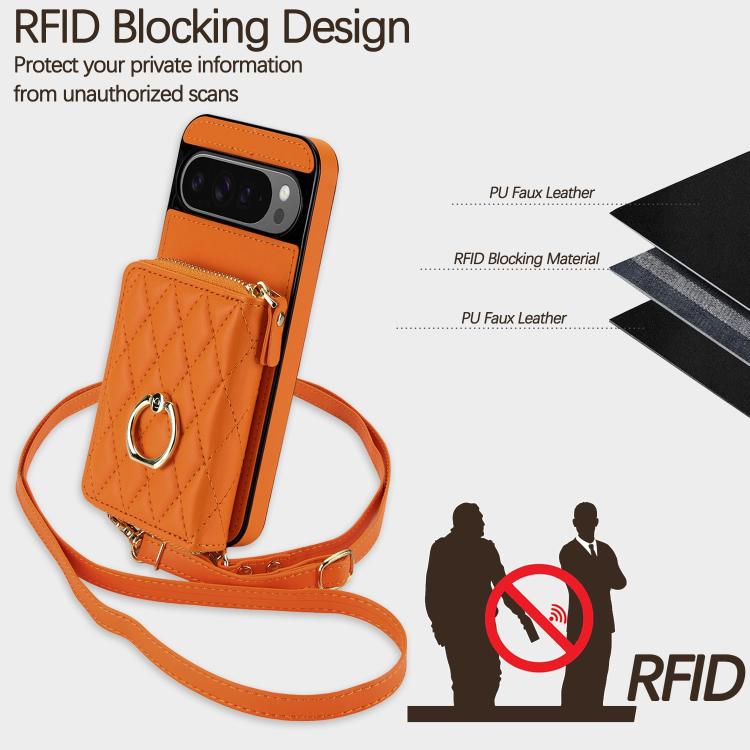 Crossbody Rhombic Ring Holder Zipper Wallet RFID Phone Case, For Google Pixel 10 Pro XL / 9 Pro XL, For Google Pixel 10 / 10 Pro / 9 / 9 Pro