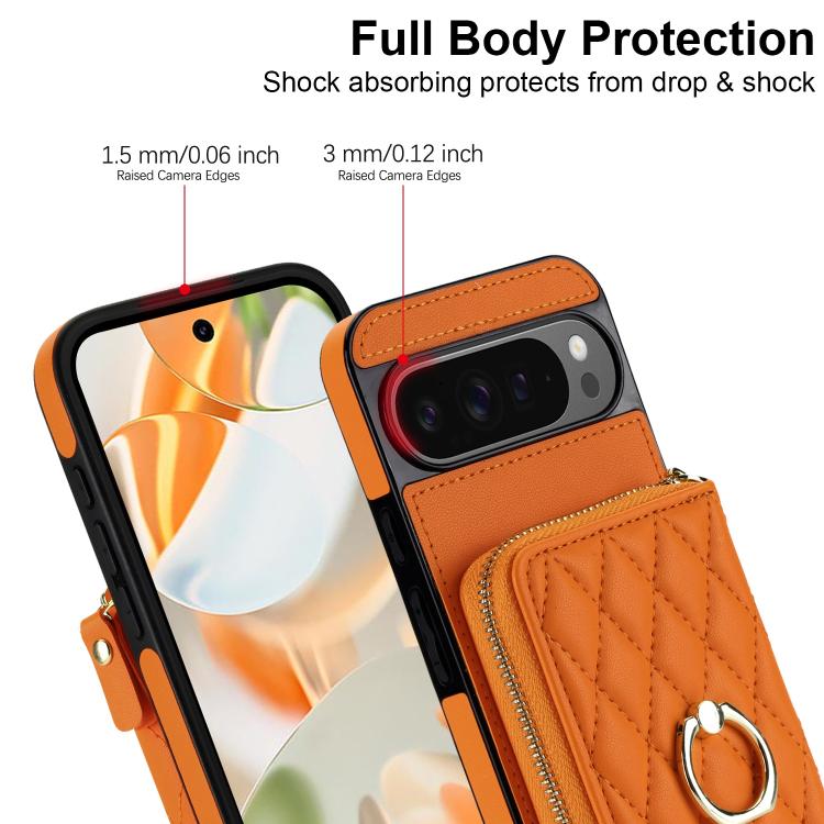 Crossbody Rhombic Ring Holder Zipper Wallet RFID Phone Case, For Google Pixel 10 Pro XL / 9 Pro XL, For Google Pixel 10 / 10 Pro / 9 / 9 Pro