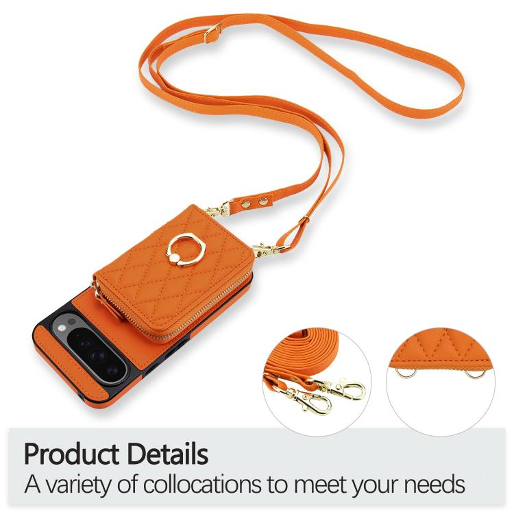 Crossbody Rhombic Ring Holder Zipper Wallet RFID Phone Case, For Google Pixel 10 Pro XL / 9 Pro XL, For Google Pixel 10 / 10 Pro / 9 / 9 Pro