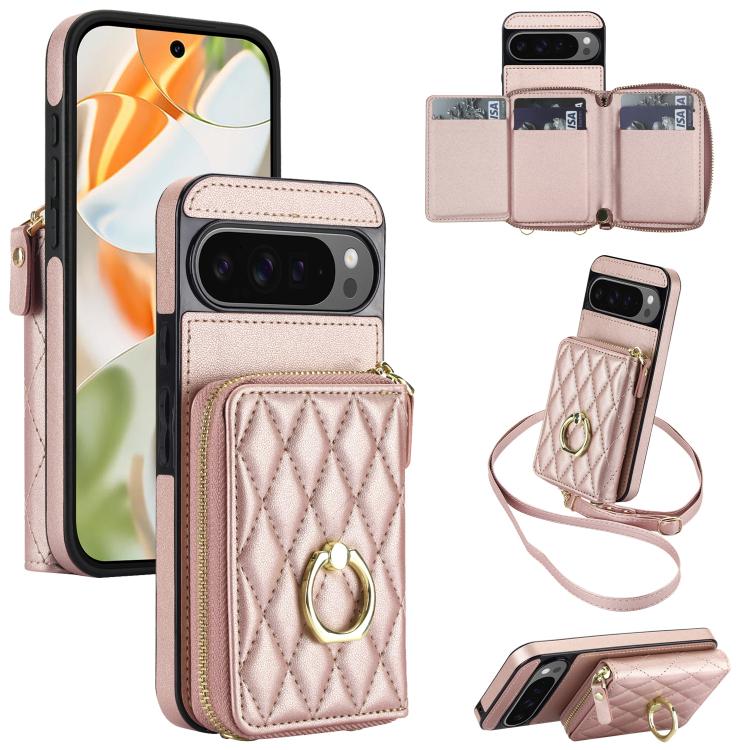 Crossbody Rhombic Ring Holder Zipper Wallet RFID Phone Case, For Google Pixel 10 Pro XL / 9 Pro XL, For Google Pixel 10 / 10 Pro / 9 / 9 Pro