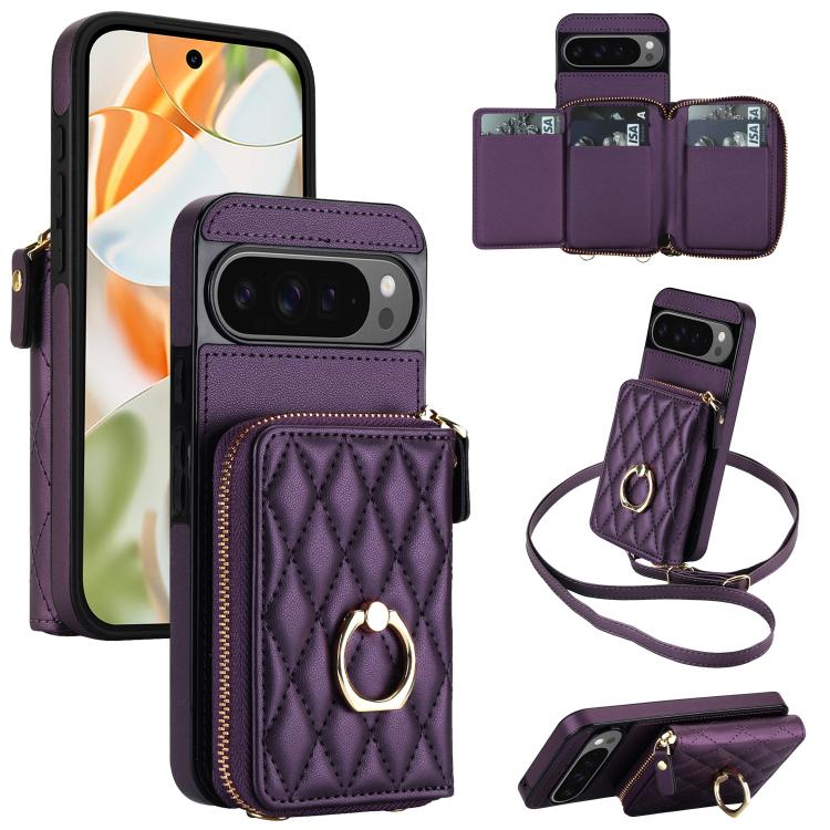 Crossbody Rhombic Ring Holder Zipper Wallet RFID Phone Case, For Google Pixel 10 Pro XL / 9 Pro XL, For Google Pixel 10 / 10 Pro / 9 / 9 Pro