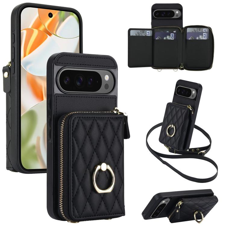 Crossbody Rhombic Ring Holder Zipper Wallet RFID Phone Case, For Google Pixel 10 Pro XL / 9 Pro XL, For Google Pixel 10 / 10 Pro / 9 / 9 Pro