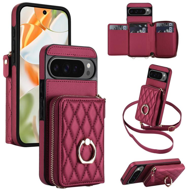 Crossbody Rhombic Ring Holder Zipper Wallet RFID Phone Case, For Google Pixel 10 Pro XL / 9 Pro XL, For Google Pixel 10 / 10 Pro / 9 / 9 Pro