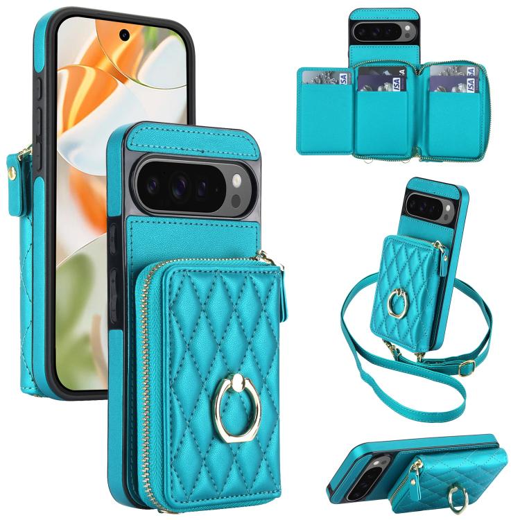 Crossbody Rhombic Ring Holder Zipper Wallet RFID Phone Case, For Google Pixel 10 Pro XL / 9 Pro XL, For Google Pixel 10 / 10 Pro / 9 / 9 Pro