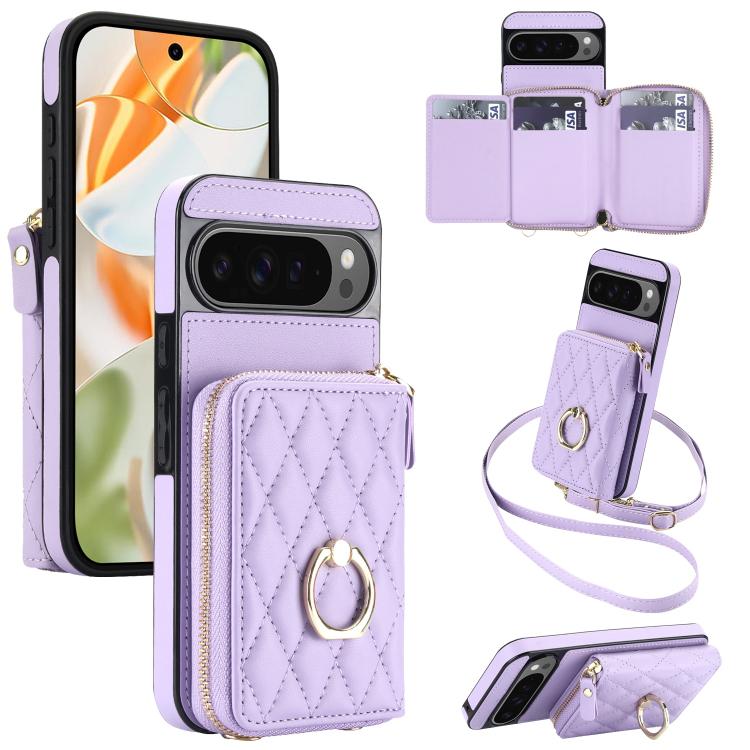 Crossbody Rhombic Ring Holder Zipper Wallet RFID Phone Case, For Google Pixel 10 Pro XL / 9 Pro XL, For Google Pixel 10 / 10 Pro / 9 / 9 Pro