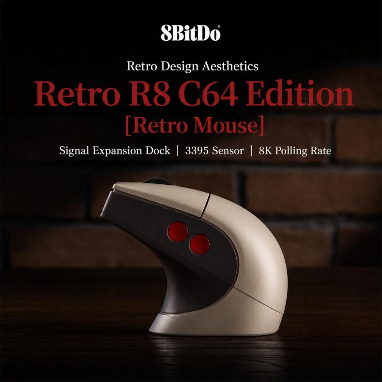 8BitDo Retro R8-C64 Edition Vintage Tri-Mode Wireless Mouse with Wireless Charging Dock Base, Brown Mouse