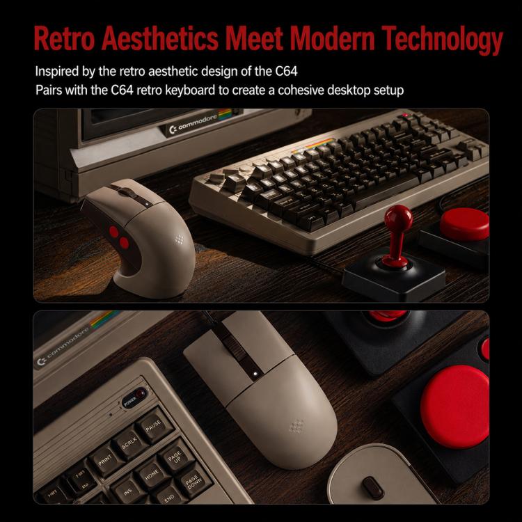 8BitDo Retro R8-C64 Edition Vintage Tri-Mode Wireless Mouse with Wireless Charging Dock Base, Brown Mouse