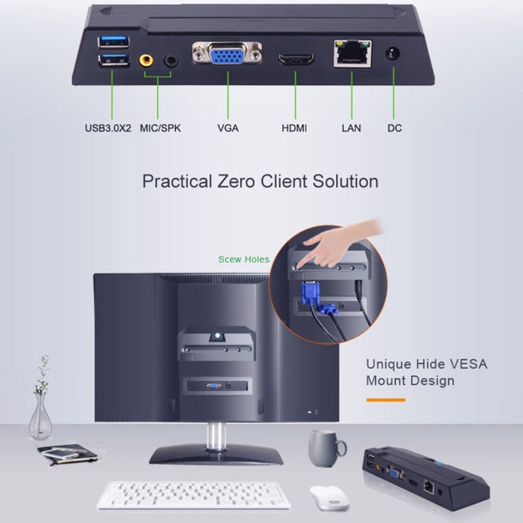 Zero Client R1W Mini PC, CORTEX QUAD A9 Quad Core up to 1.6GHz, RAM: 1GB, ROM: 8GB, Support WiFi, HDMI, VGA, RJ45, SPK, WiFi Version