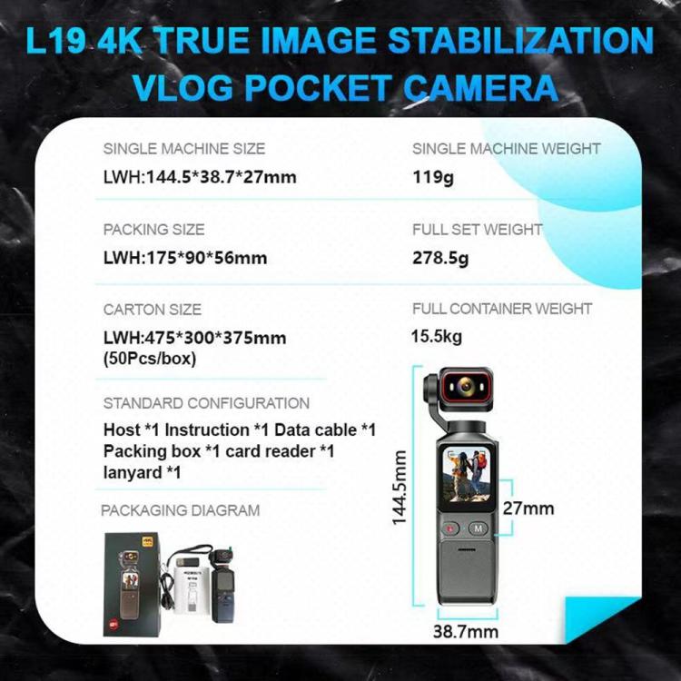 L19 1.69 inch Touch Screen and Wi-Fi Connectivity 4K Action Camera Anti-Shake VLOG Pocket Camera, L19