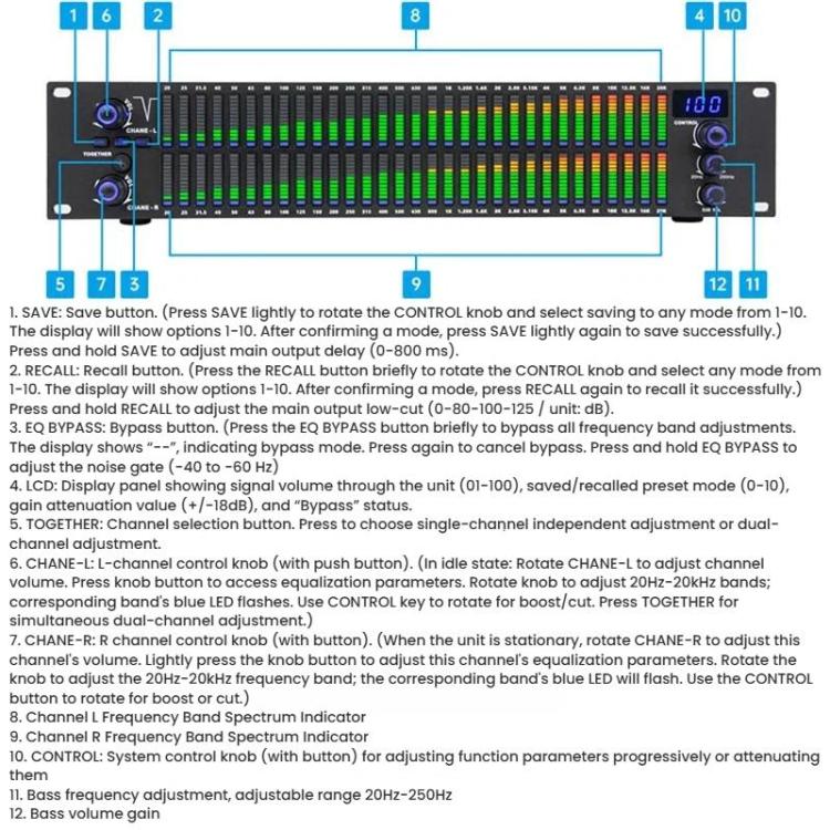 EQ-A32 Digital Equalizer Stage Home Karaoke Noise Reduction Audio Processor, EU Plug, US Plug, UK Plug, AU Plug