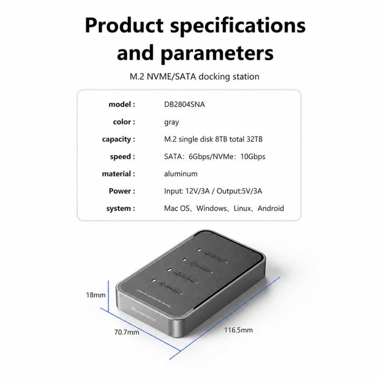 Blueendless DB2804SNA 4-Bay M.2 NVMe/SATA SSD Docking Station USB-C 10Gbps Aluminum SSD Case Supports Max 32TB, US Plug, UK Plug, EU Plug