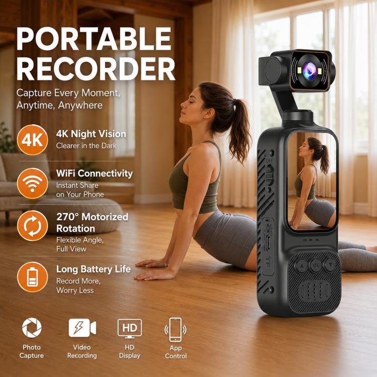 Handheld Vlog Camera With 270-Degree Motorized Rotatable Lens 2.0 Inch Screen Pocket Video Recorder WiFi Sports Action Cam, DV07-4K
