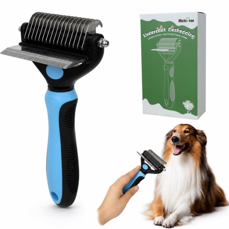 HistoTree 2-in-1 Pet Dematting Comb and Undercoat Deshedding Rake Safe Double Sided Curved Blades Detangling Tool