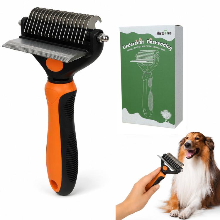 HistoTree 2-in-1 Pet Dematting Comb and Undercoat Deshedding Rake Safe Double Sided Curved Blades Detangling Tool