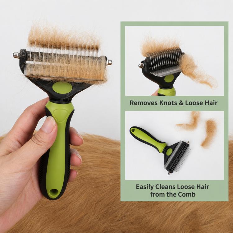 HistoTree 2-in-1 Pet Dematting Comb and Undercoat Deshedding Rake Safe Double Sided Curved Blades Detangling Tool