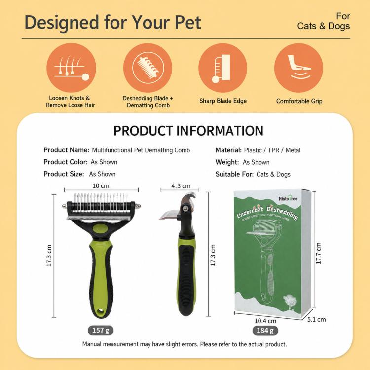 HistoTree 2-in-1 Pet Dematting Comb and Undercoat Deshedding Rake Safe Double Sided Curved Blades Detangling Tool